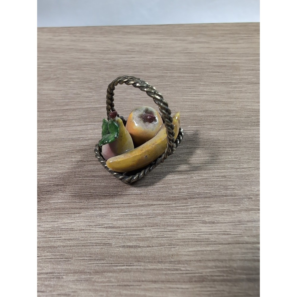 Vintage Italian Mini Fruit Basket Silver Tone Ceramic Fruit Dollhouse Trinket